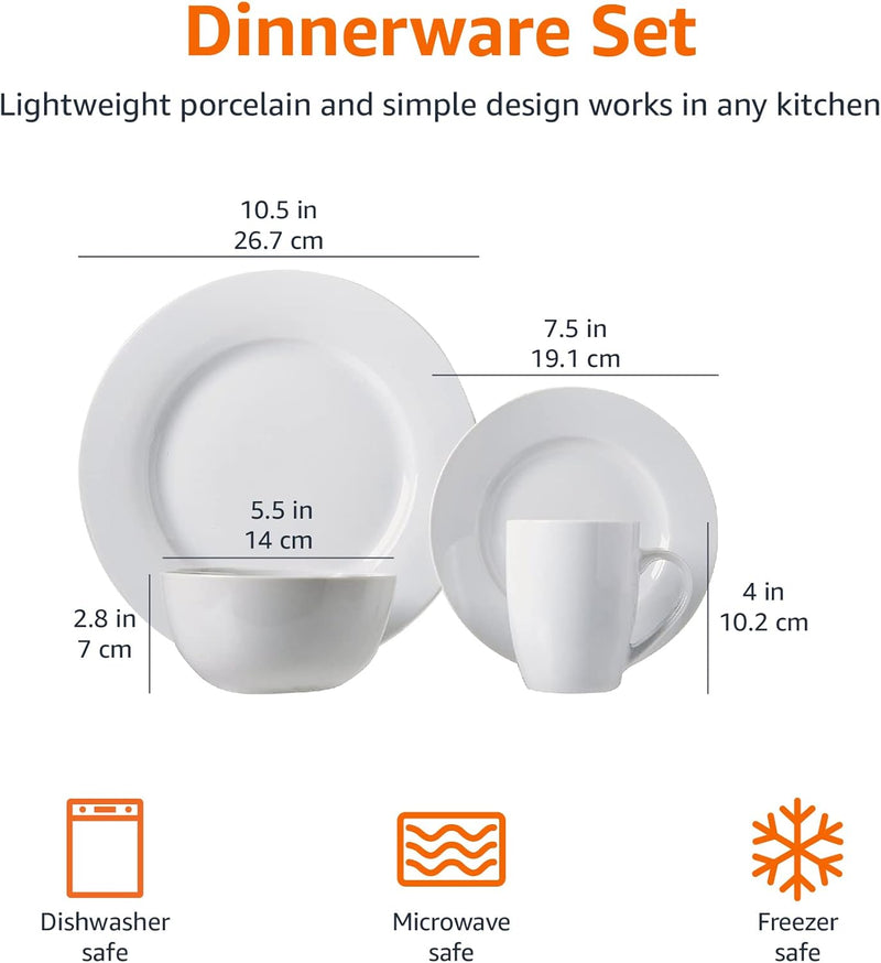Amazon Basics 16-Piece Porcelain Kitchen Dinnerware Set with Plates