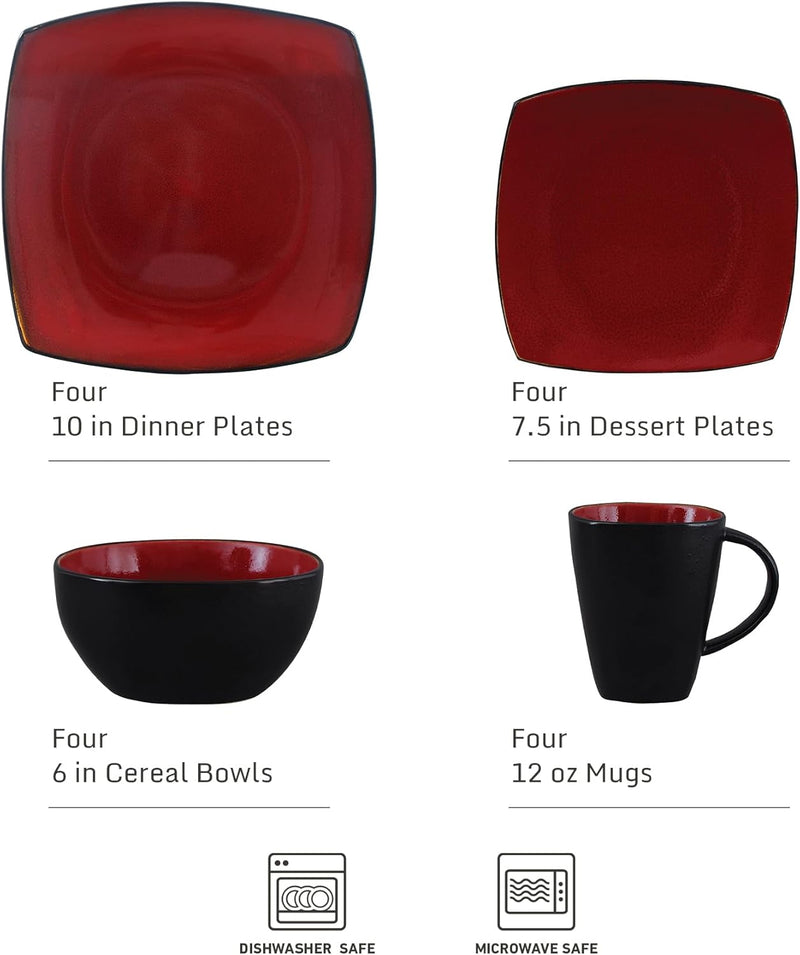 Gibson Soho Lounge Square Reactive Glaze Dinnerware Set, Red, Service for 4