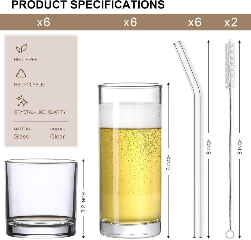 [ 12 Pack ] Glass Cups with Glass Straws Highball & Rock Drinking Glasses