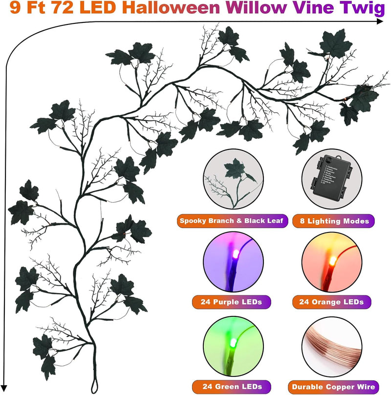 9 FT 72 LED Willow Vine Twig Decor with Purple & Green & Orange Lights
