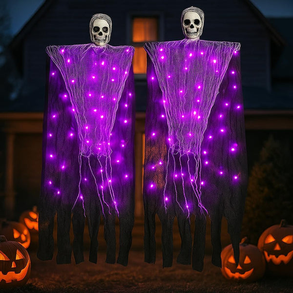 Halloween Decorations Outdoor, 2 Pack Hanging Light Ghost Spooky Skeletons