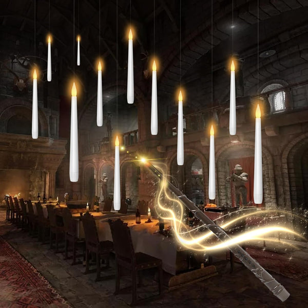 Flameless Floating Candles with Wand，12 Pcs Magic LED Hanging Taper Candles