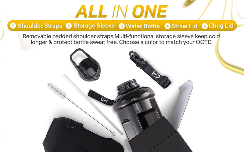 H20 Bottle 2.2 L Half Gallon Water Bottle with Sleeve and Covered Straw Lid - Reuseable, BPA Free, Odorless, Handle for Hydration Fire Black (74 Ounce)