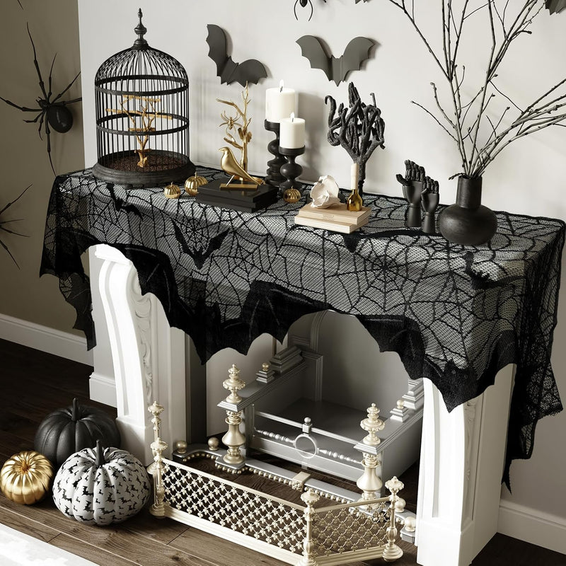 Halloween Decorations Indoor Fireplace Mantel Scarf, Black Lace Spiderweb