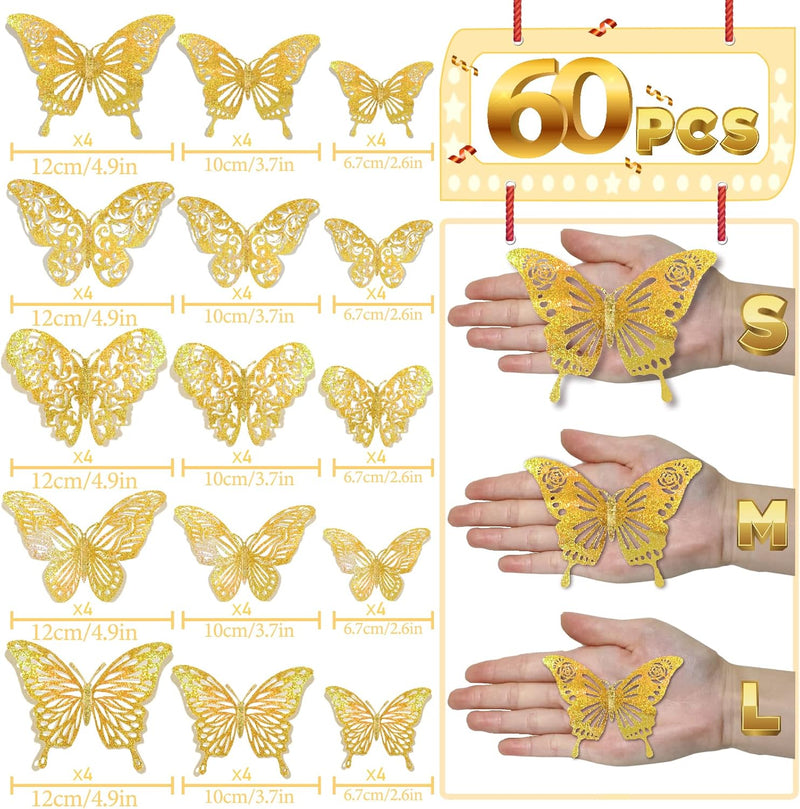 60 Pcs 3D Iridescent Gold Butterfly Decorations